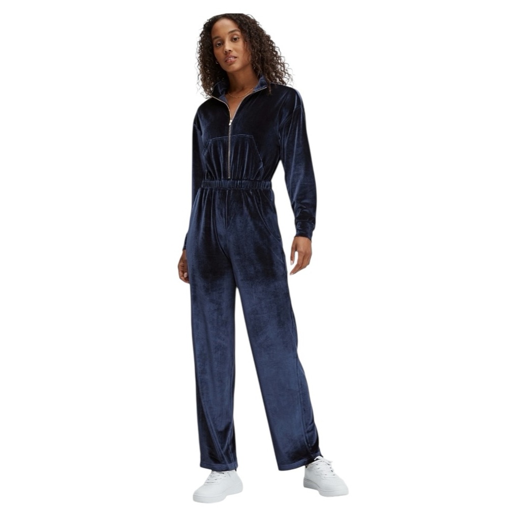 Fabletics Midnight Deep Navy Velour Jumpsuit Size XS Wide Leg Streetwear Y2K